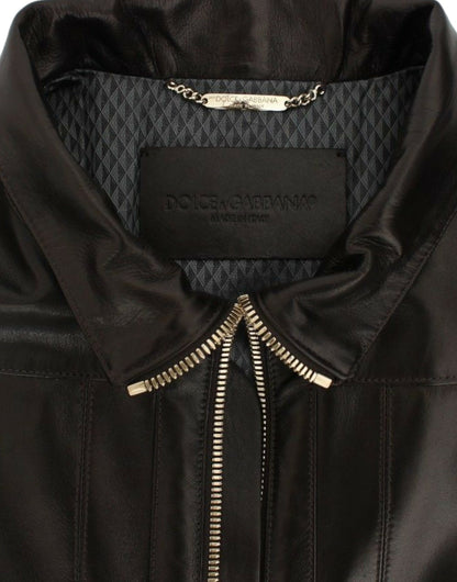 Dolce &amp; Gabbana - Élégante veste en cuir marron à détails dorés