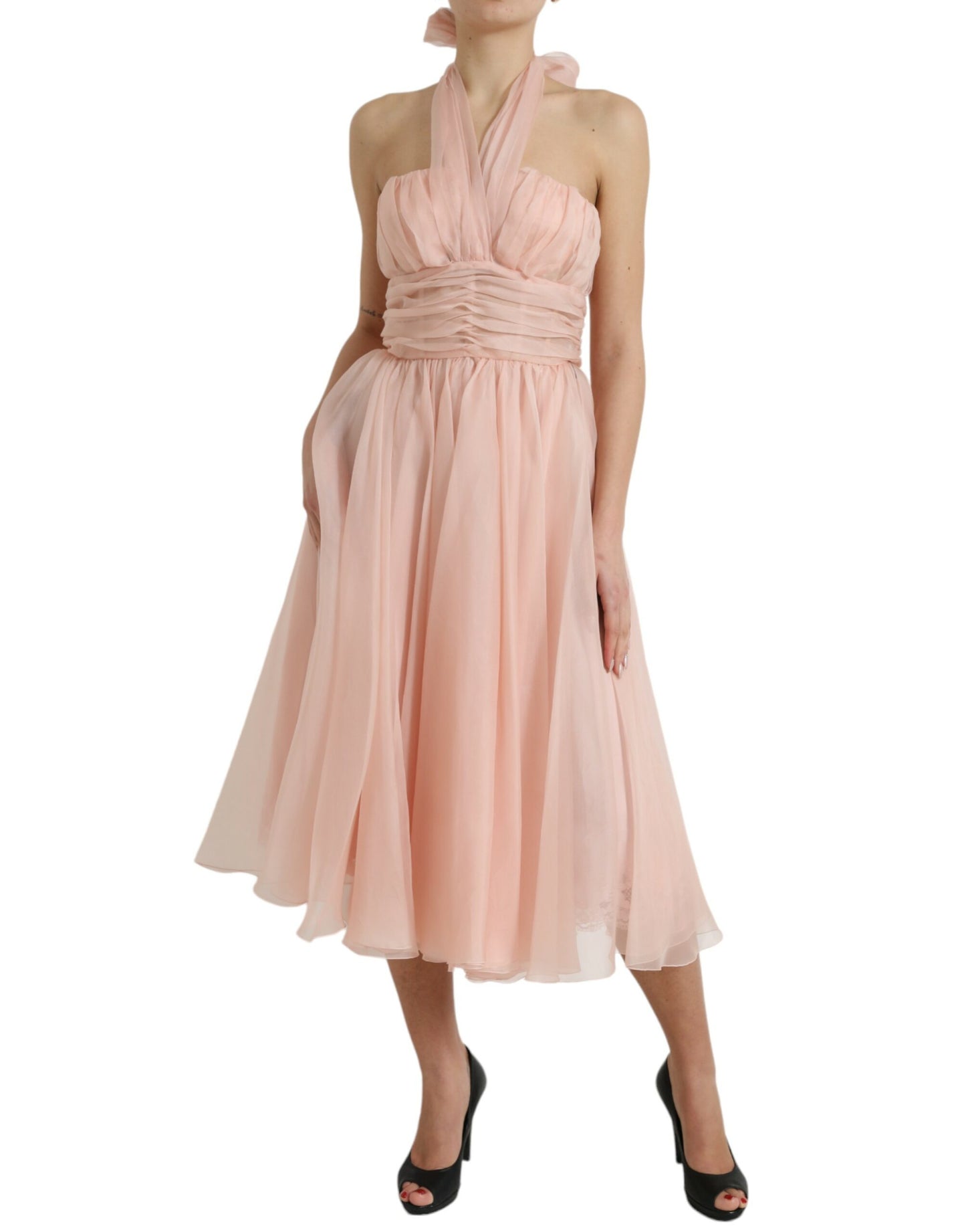 Dolce & Gabbana Pink Silk Chiffon Halter A-line Pleated Midi Dress by Dolce & Gabbana