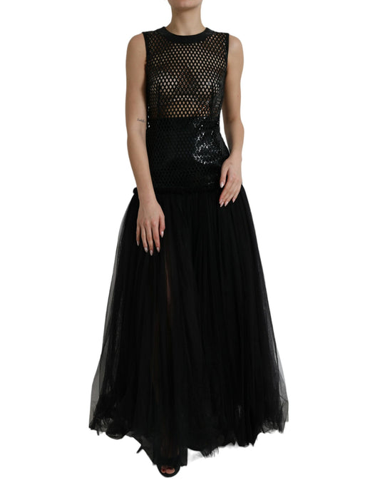 Dolce & Gabbana Black Sequined Sleeveless Mesh Layered Gown Dress by Dolce & Gabbana