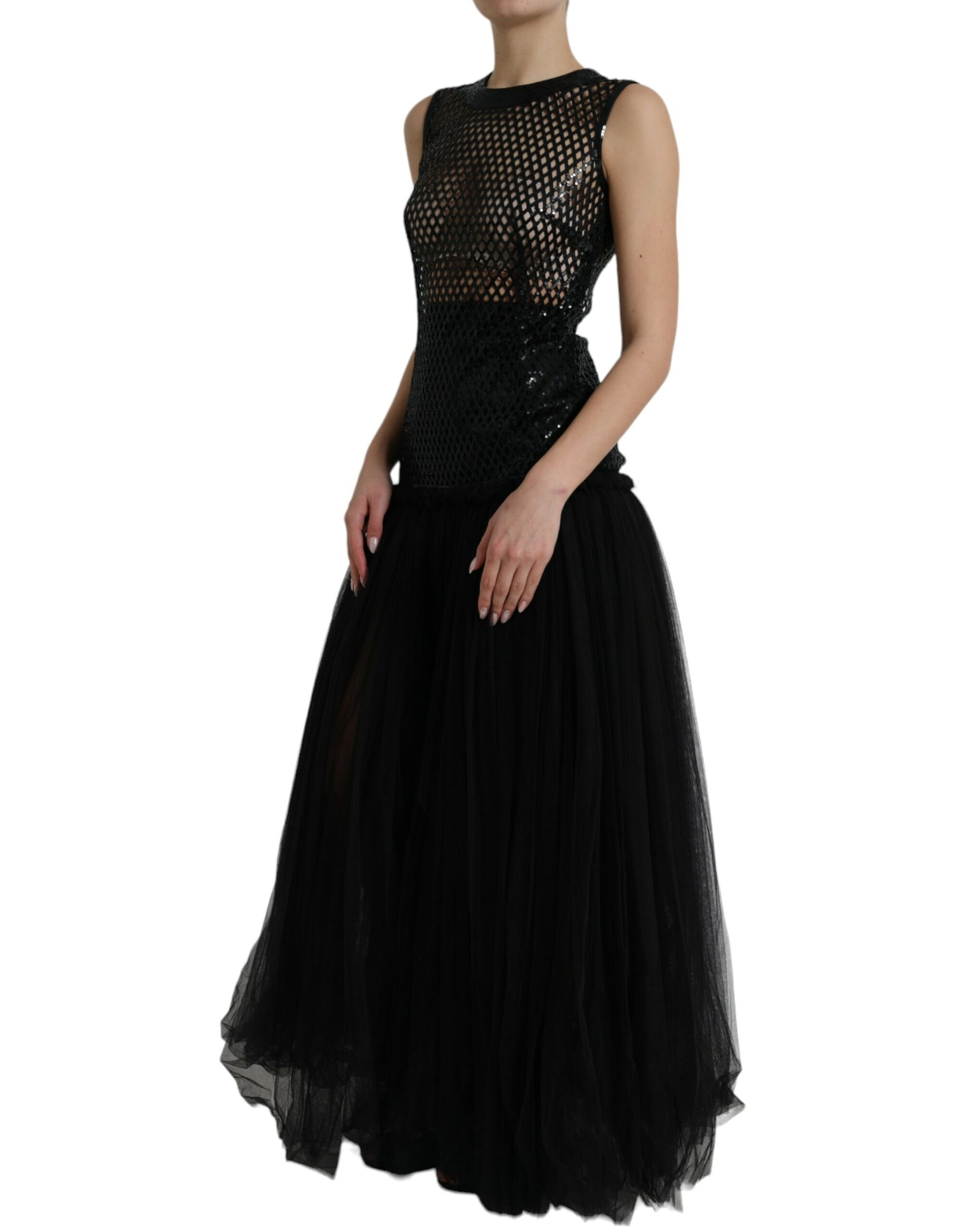 Dolce & Gabbana Black Sequined Sleeveless Mesh Layered Gown Dress by Dolce & Gabbana