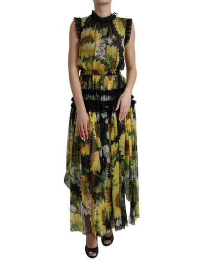 Dolce & Gabbana Black Sunflower A-line Pleated Maxi Dress by Dolce & Gabbana