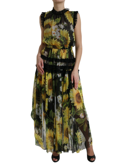 Dolce & Gabbana Black Sunflower A-line Pleated Maxi Dress by Dolce & Gabbana