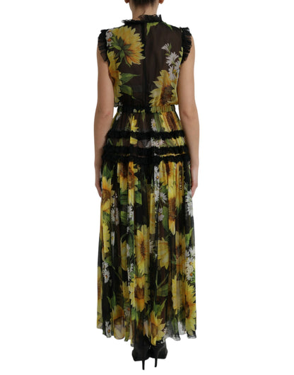 Dolce & Gabbana Black Sunflower A-line Pleated Maxi Dress by Dolce & Gabbana