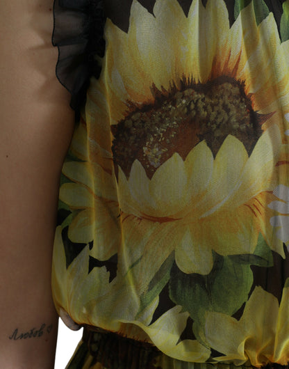 Dolce & Gabbana Black Sunflower A-line Pleated Maxi Dress by Dolce & Gabbana