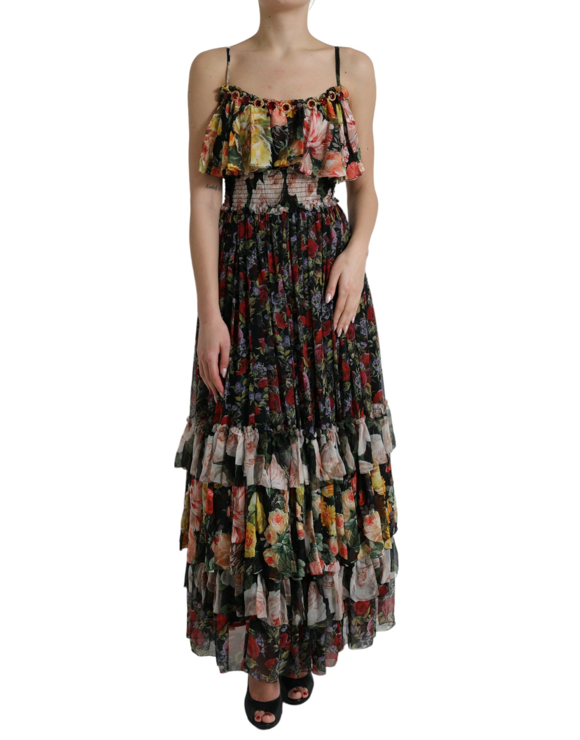 Dolce & Gabbana Multicolor Floral Chiffon Tiered Maxi Dress by Dolce & Gabbana