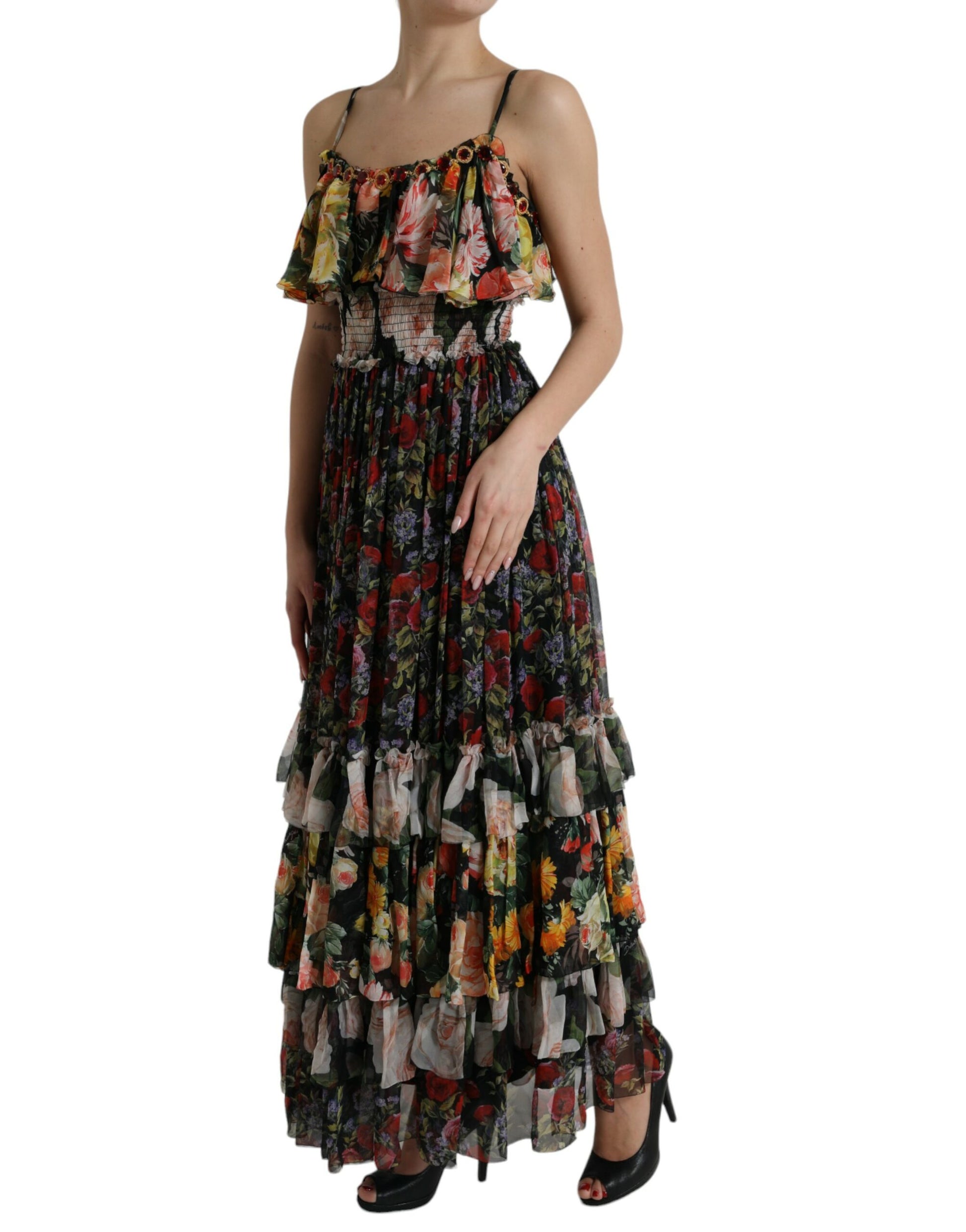 Dolce & Gabbana Multicolor Floral Chiffon Tiered Maxi Dress by Dolce & Gabbana