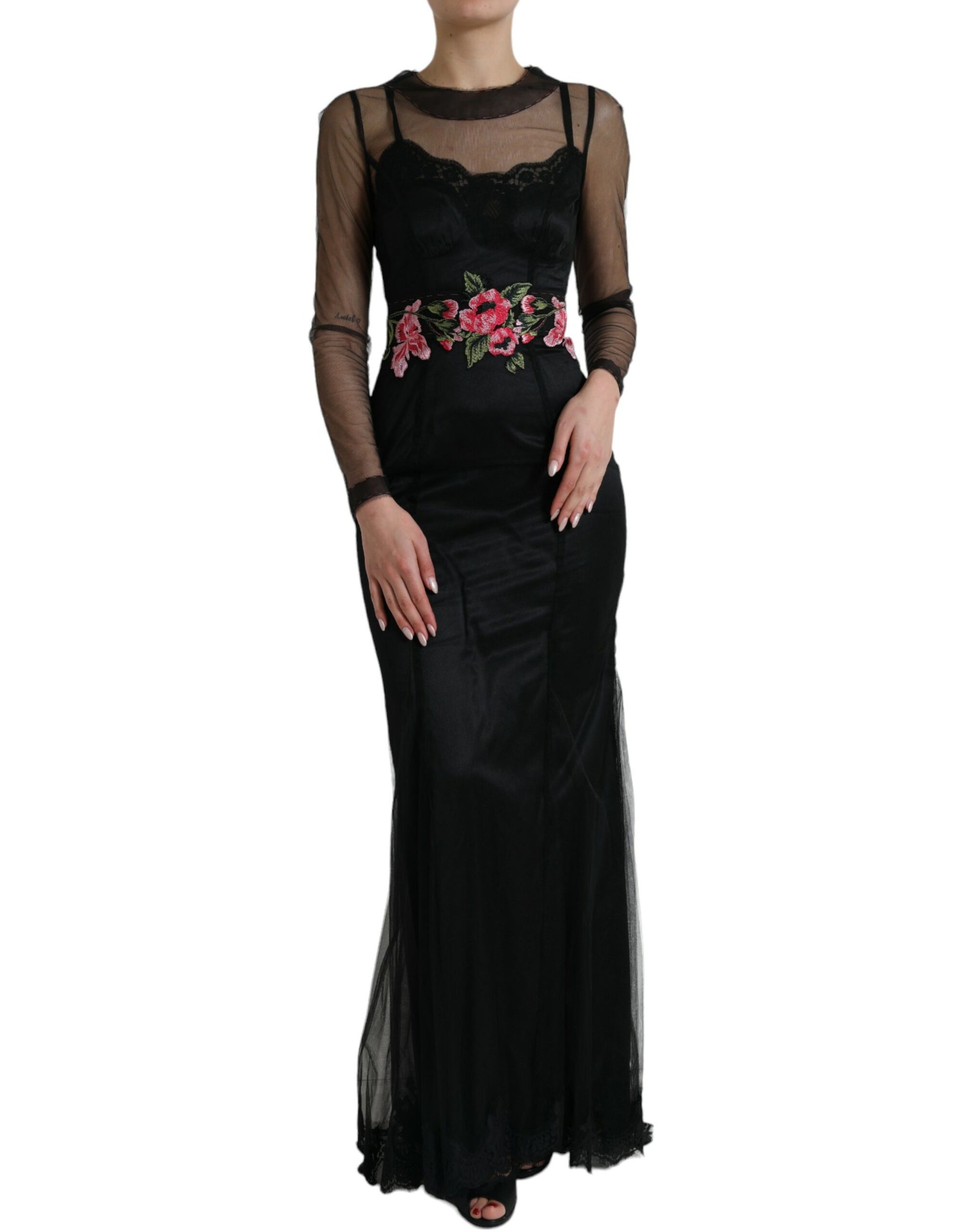 Dolce & Gabbana Black Floral Embroidery Mesh Tulle Gown Dress by Dolce & Gabbana