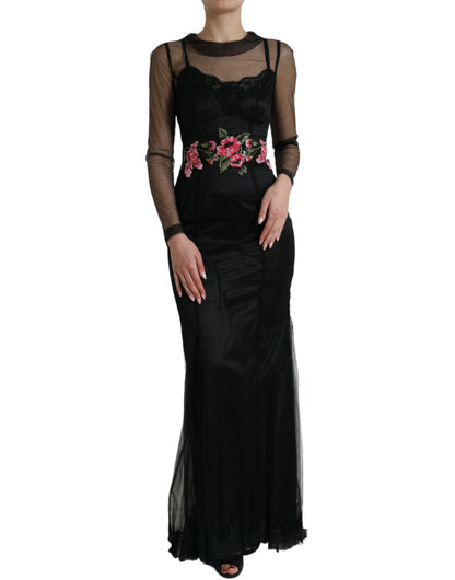 Dolce & Gabbana Black Floral Embroidery Mesh Tulle Gown Dress by Dolce & Gabbana