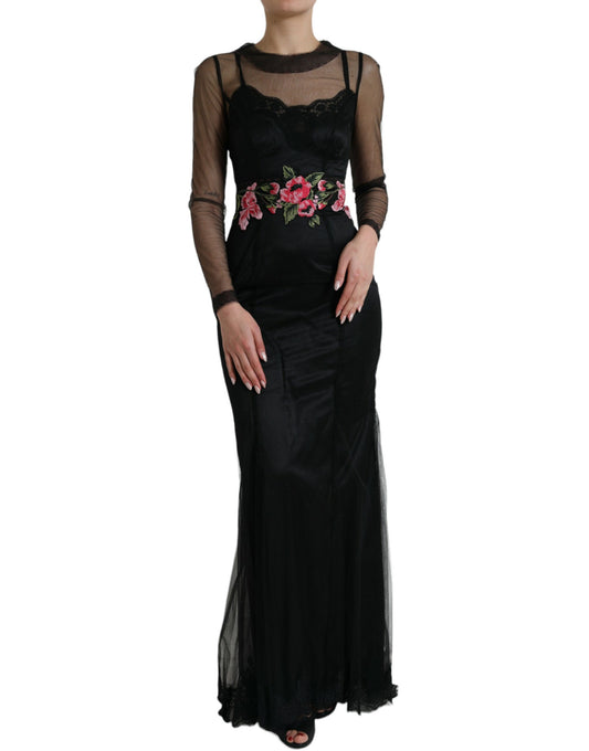 Dolce & Gabbana Black Floral Embroidery Mesh Tulle Gown Dress by Dolce & Gabbana