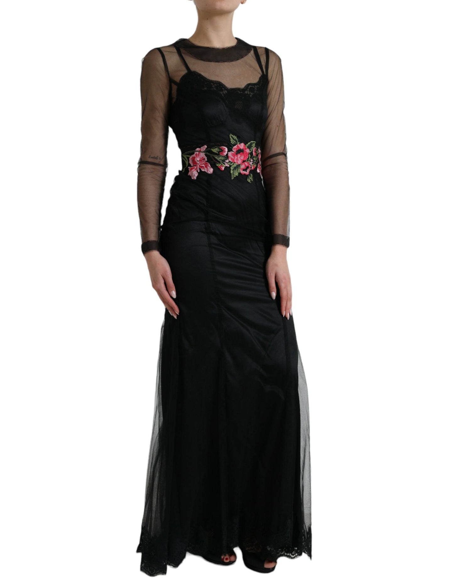 Dolce & Gabbana Black Floral Embroidery Mesh Tulle Gown Dress by Dolce & Gabbana