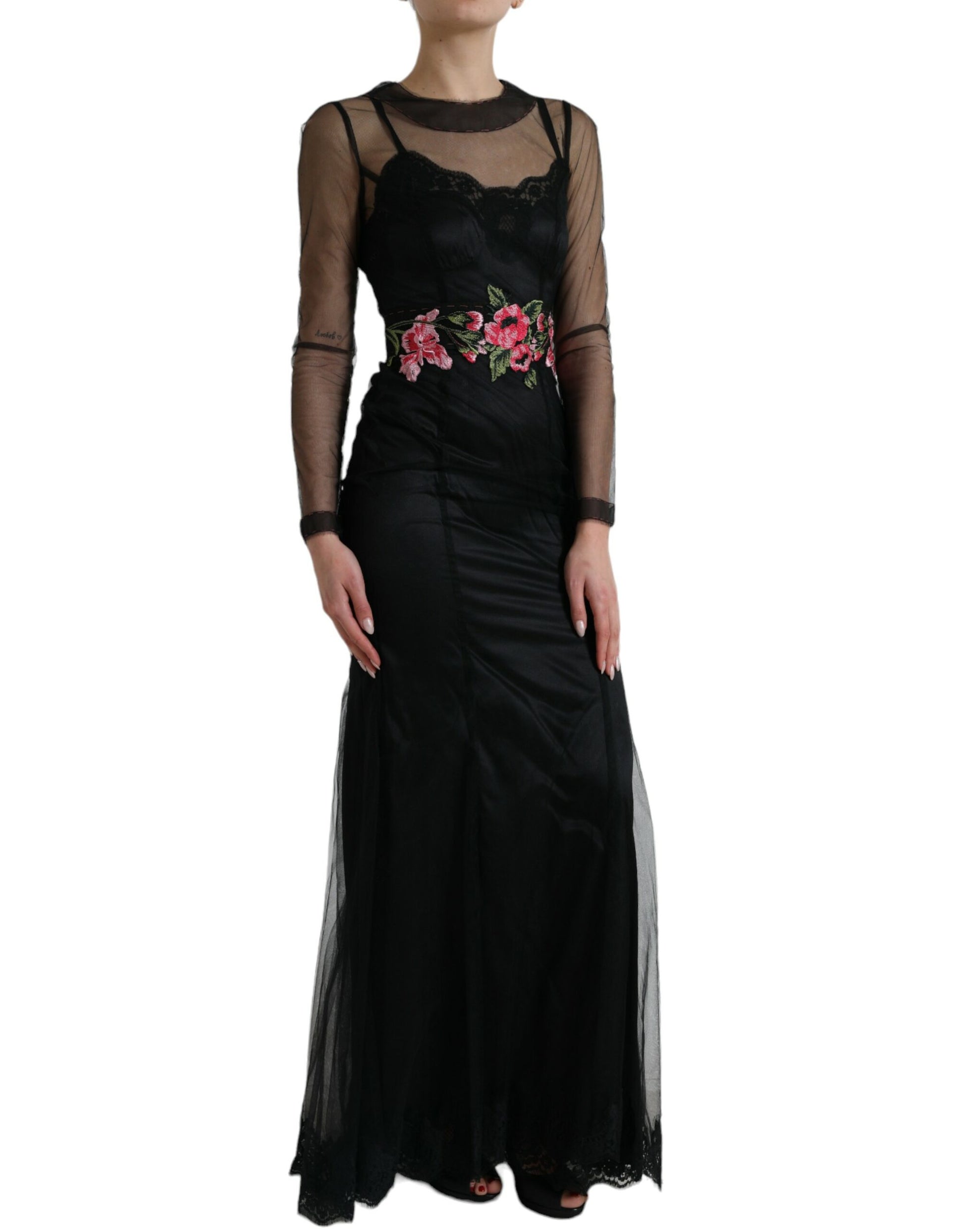 Dolce & Gabbana Black Floral Embroidery Mesh Tulle Gown Dress by Dolce & Gabbana