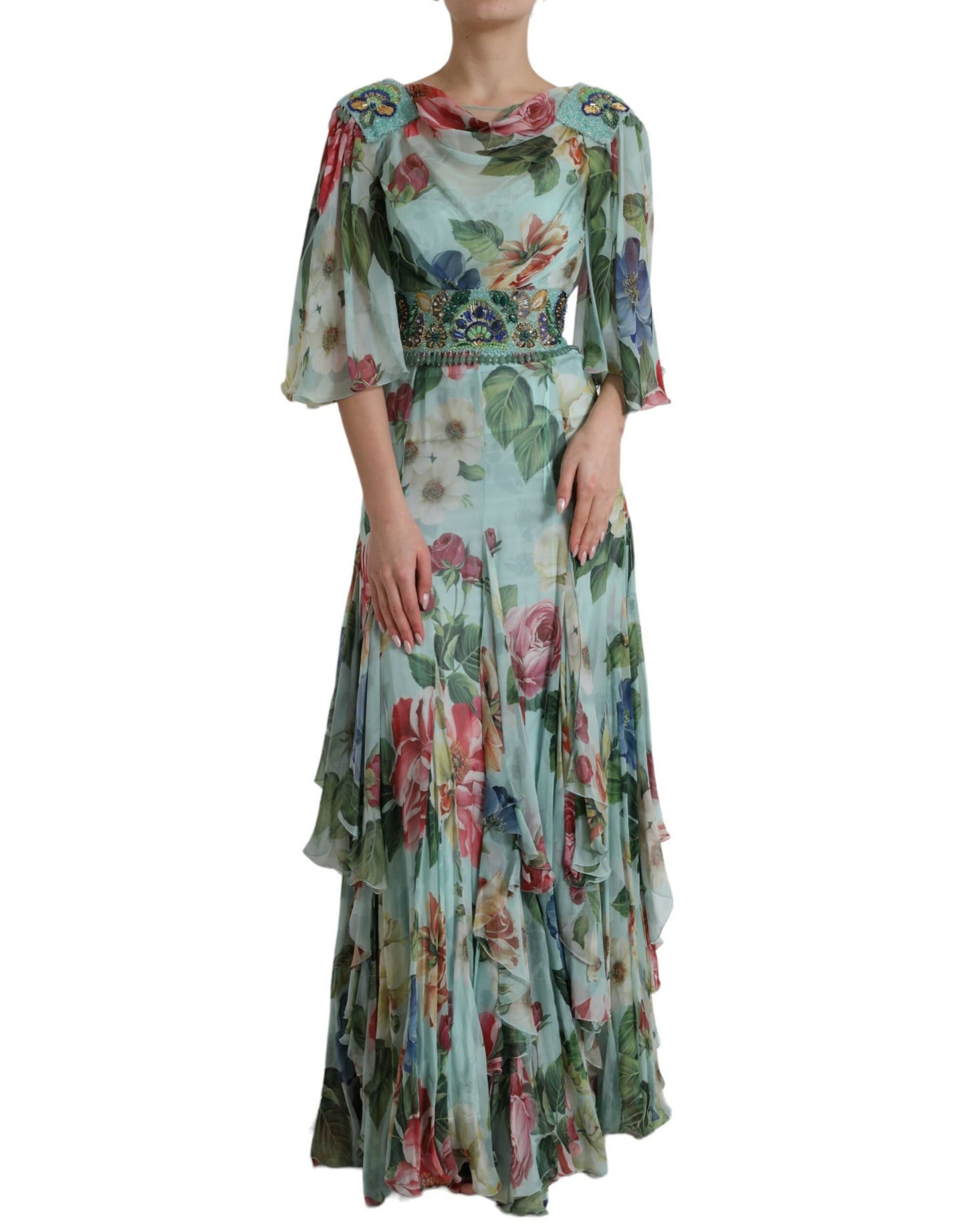 Dolce & Gabbana Blue Floral Print Tiered Long Maxi Dress by Dolce & Gabbana