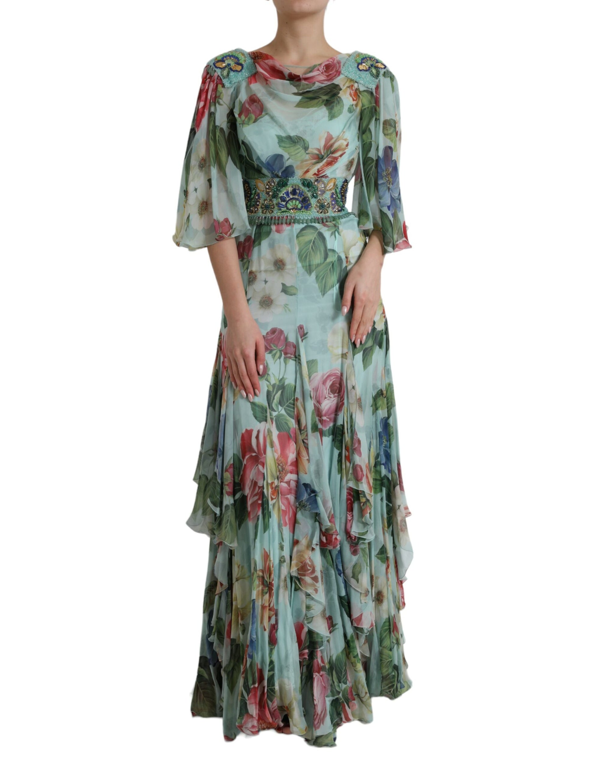 Dolce & Gabbana Blue Floral Print Tiered Long Maxi Dress by Dolce & Gabbana