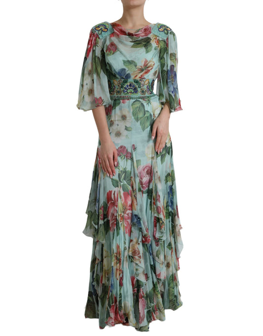 Dolce & Gabbana Blue Floral Print Tiered Long Maxi Dress by Dolce & Gabbana