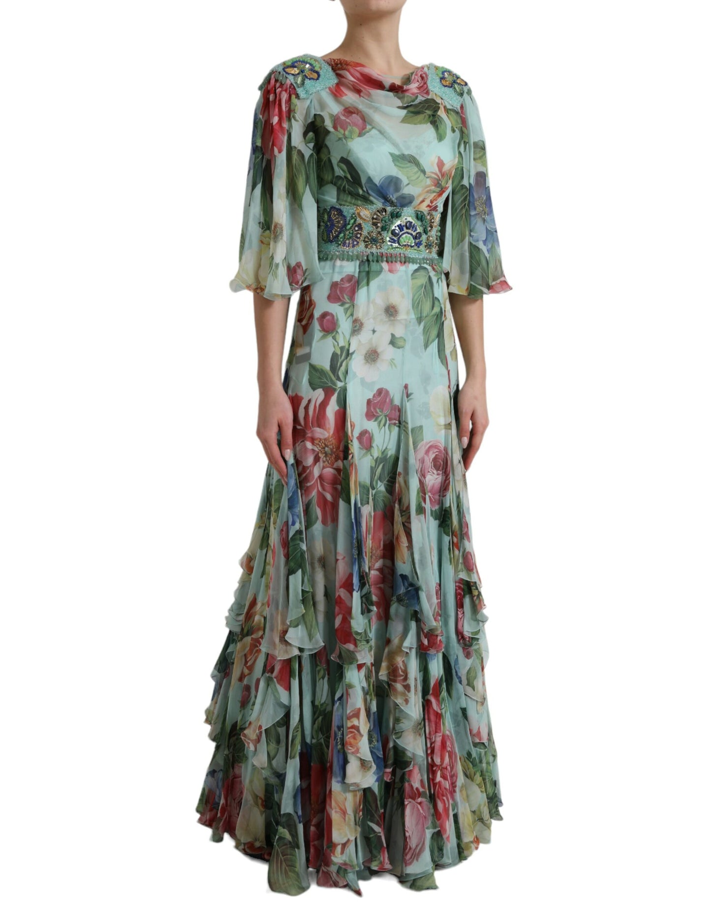 Dolce & Gabbana Blue Floral Print Tiered Long Maxi Dress by Dolce & Gabbana