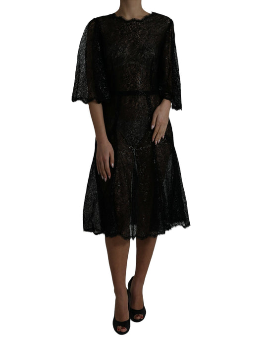 Dolce & Gabbana Black Floral Lace Sheer A-line Midi Dress by Dolce & Gabbana