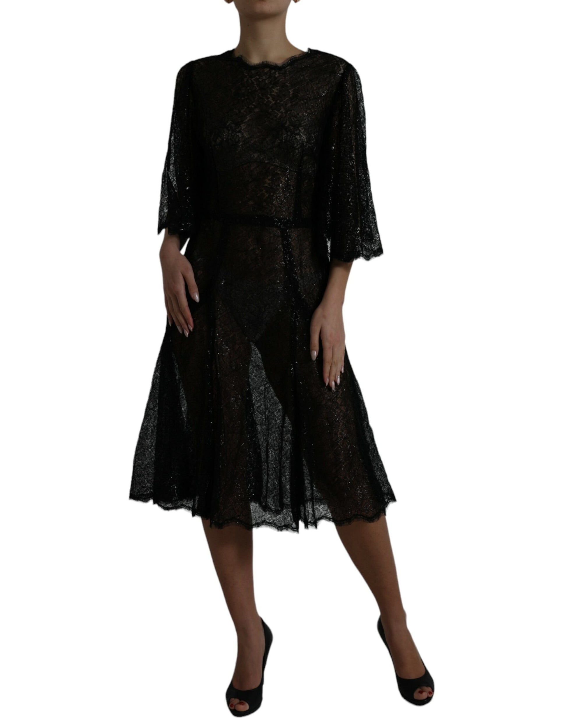 Dolce & Gabbana Black Floral Lace Sheer A-line Midi Dress by Dolce & Gabbana