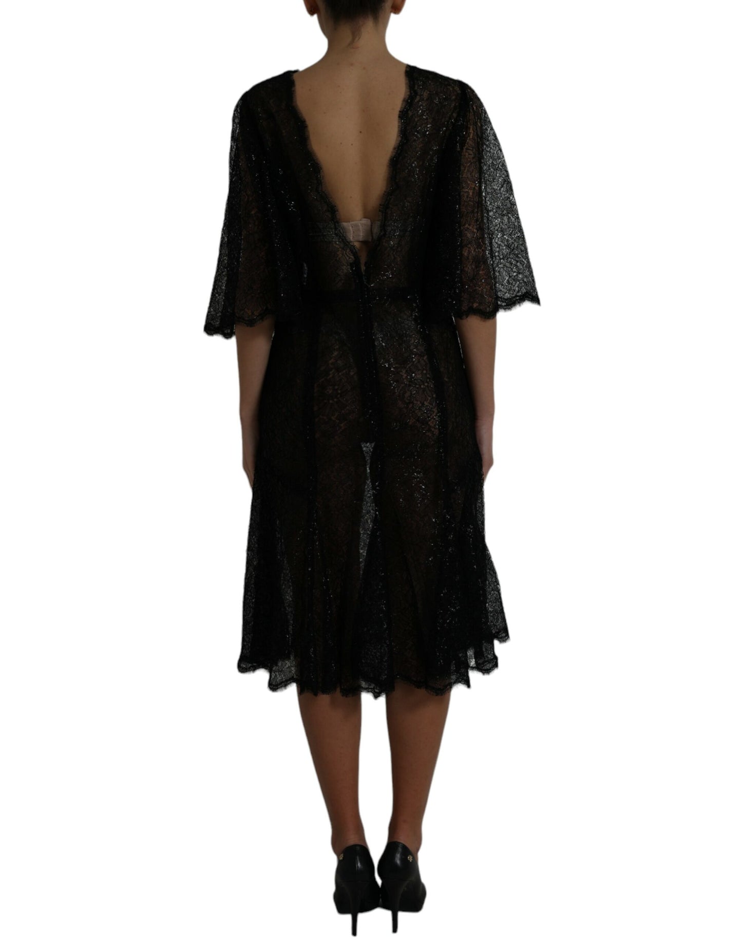Dolce & Gabbana Black Floral Lace Sheer A-line Midi Dress by Dolce & Gabbana