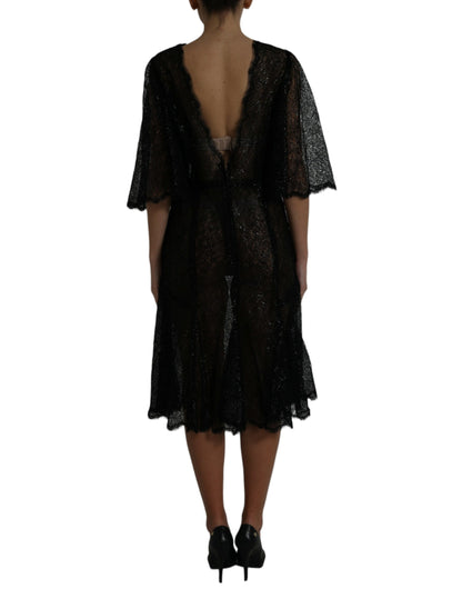 Dolce & Gabbana Black Floral Lace Sheer A-line Midi Dress by Dolce & Gabbana