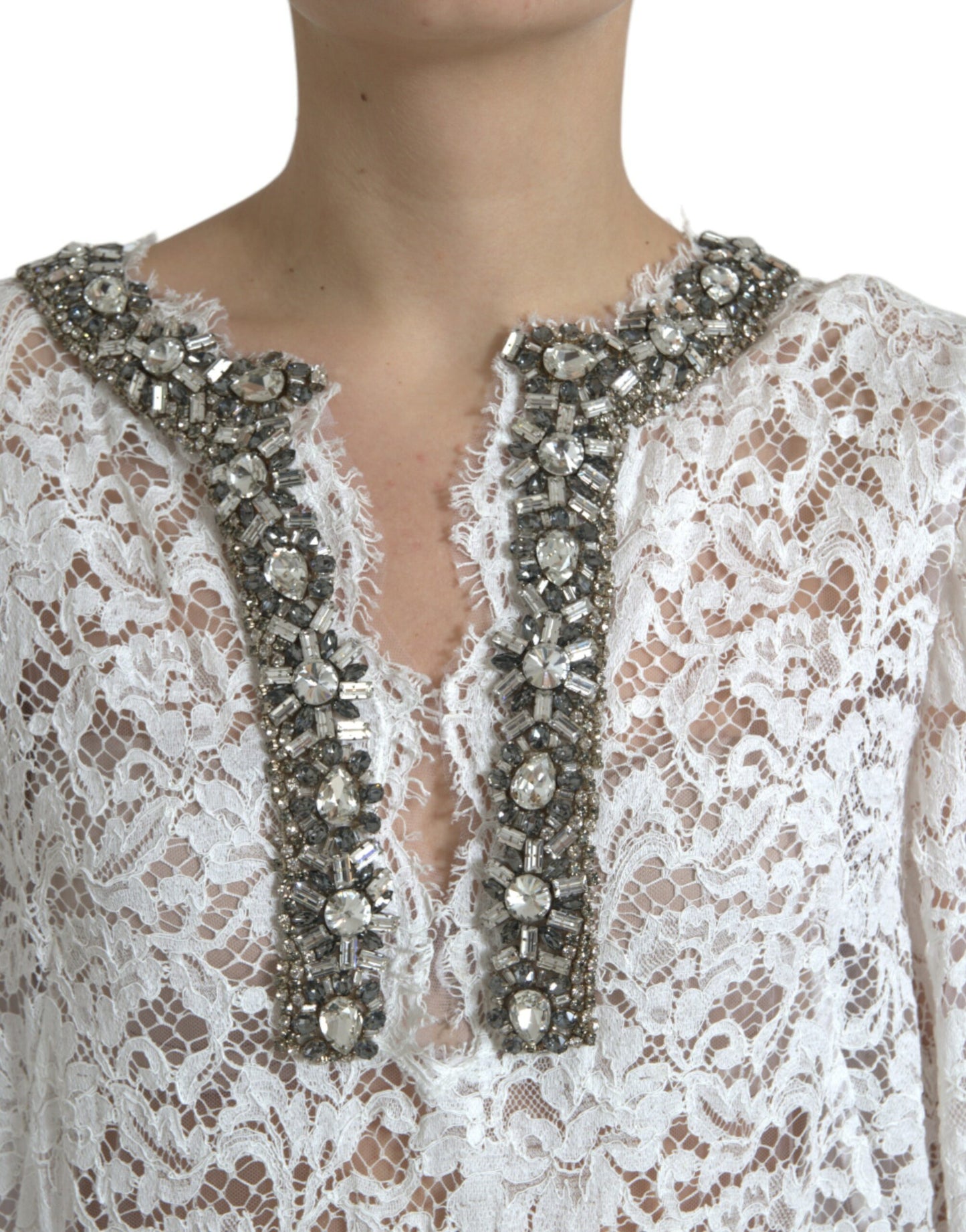 Dolce & Gabbana White Lace Crystal Embellished Shift Dress by Dolce & Gabbana