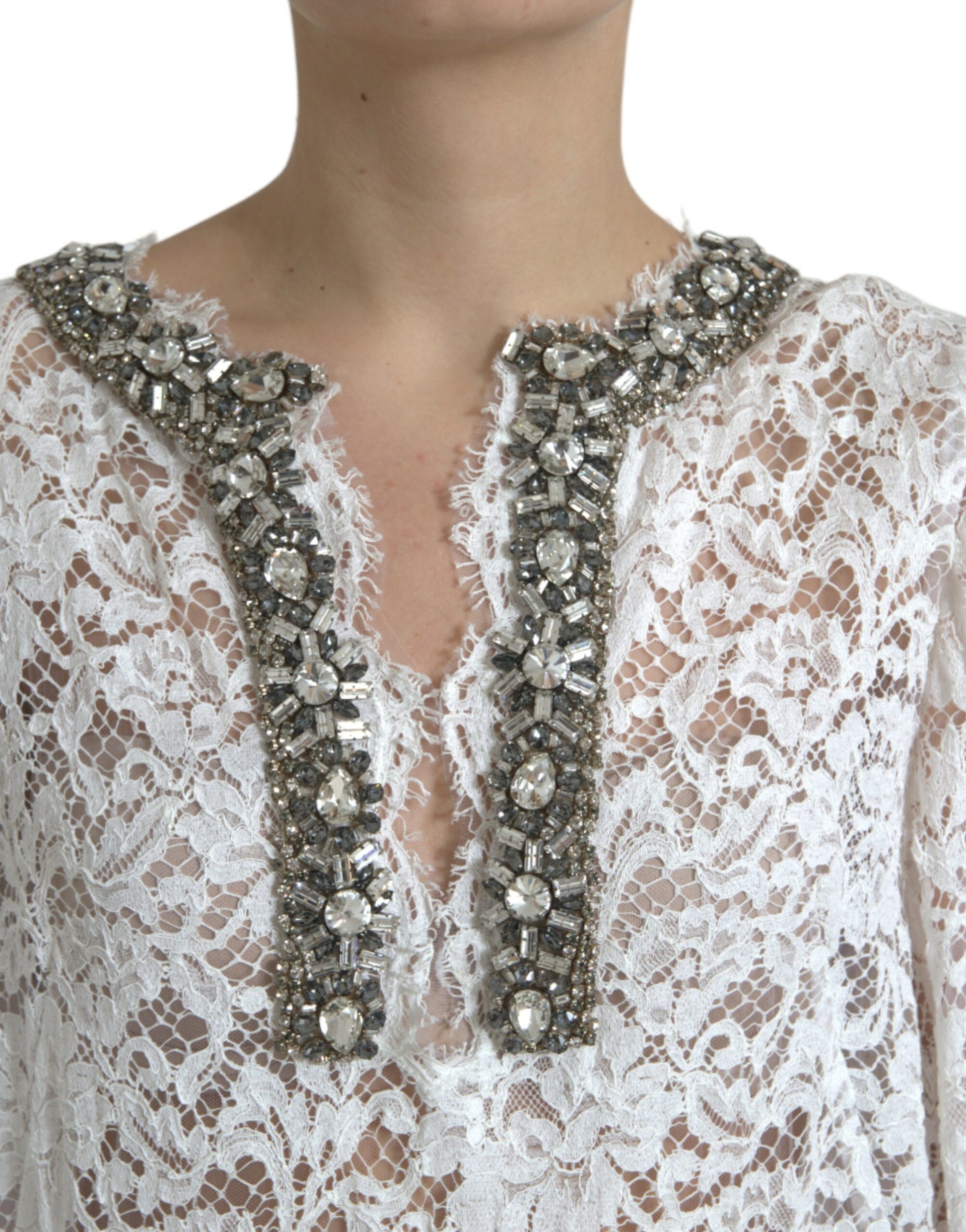 Dolce & Gabbana White Lace Crystal Embellished Shift Dress by Dolce & Gabbana