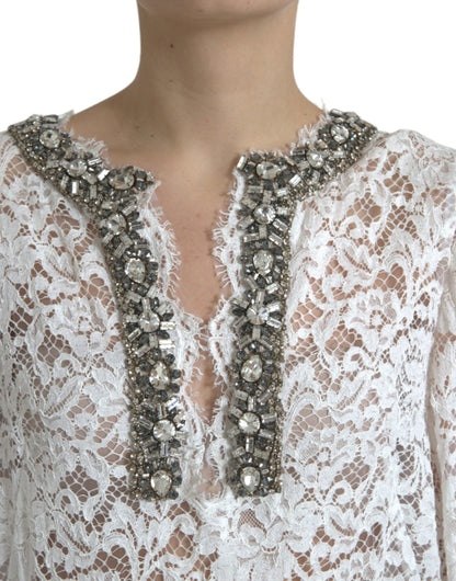 Dolce & Gabbana White Lace Crystal Embellished Shift Dress by Dolce & Gabbana