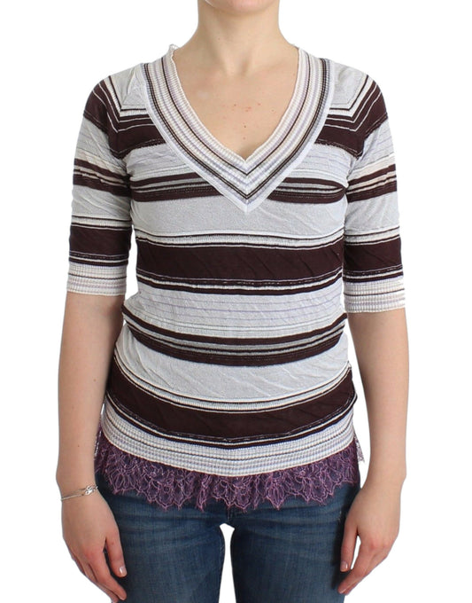 Haut en tricot rayé à col en V et ourlet en dentelle Ermanno Scervino