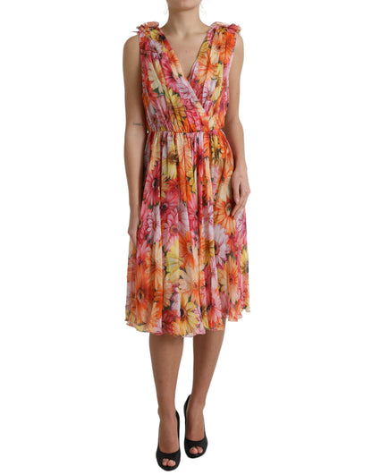 Dolce & Gabbana Multicolor Sunflower Print Silk Midi Dress by Dolce & Gabbana