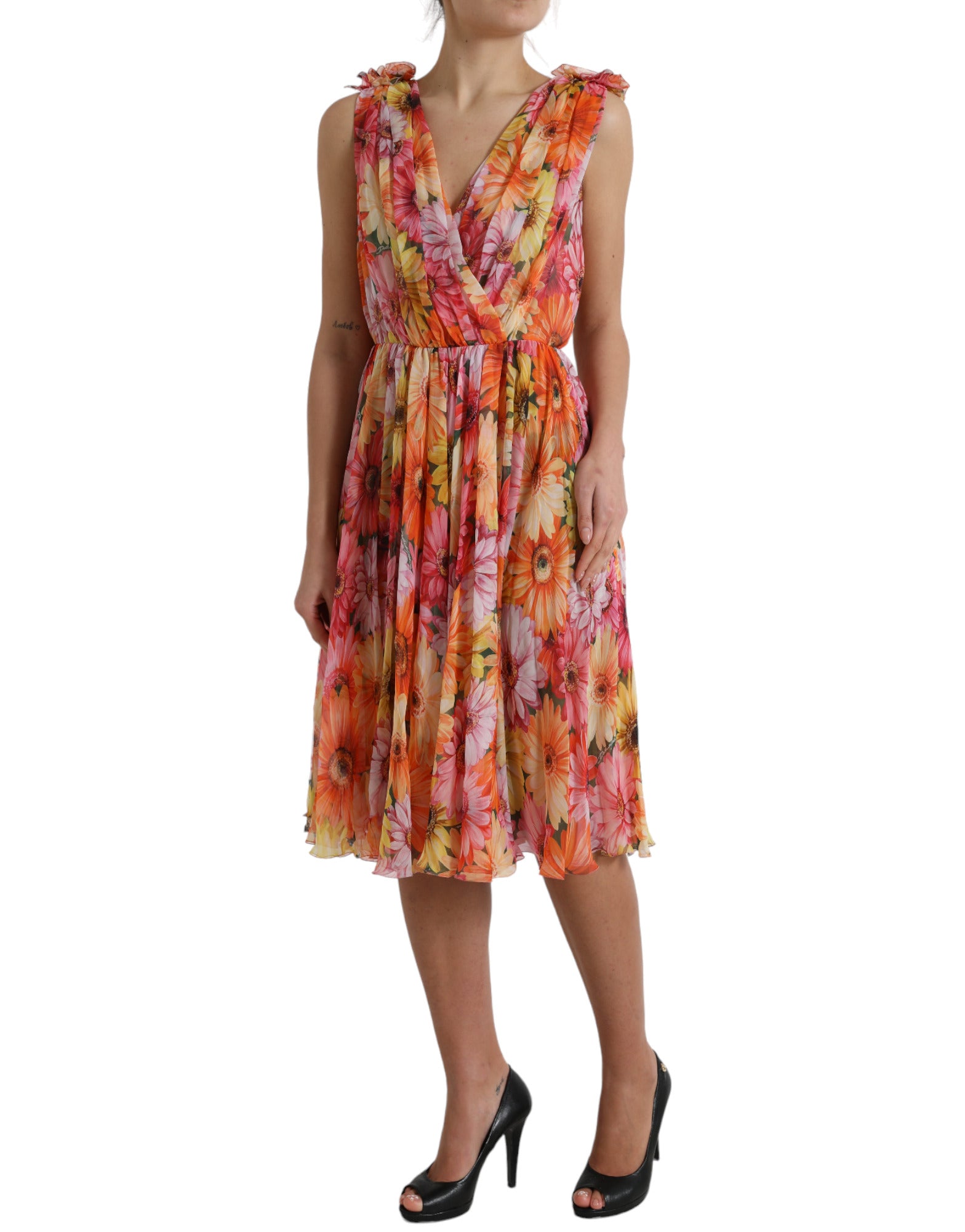 Dolce & Gabbana Multicolor Sunflower Print Silk Midi Dress by Dolce & Gabbana