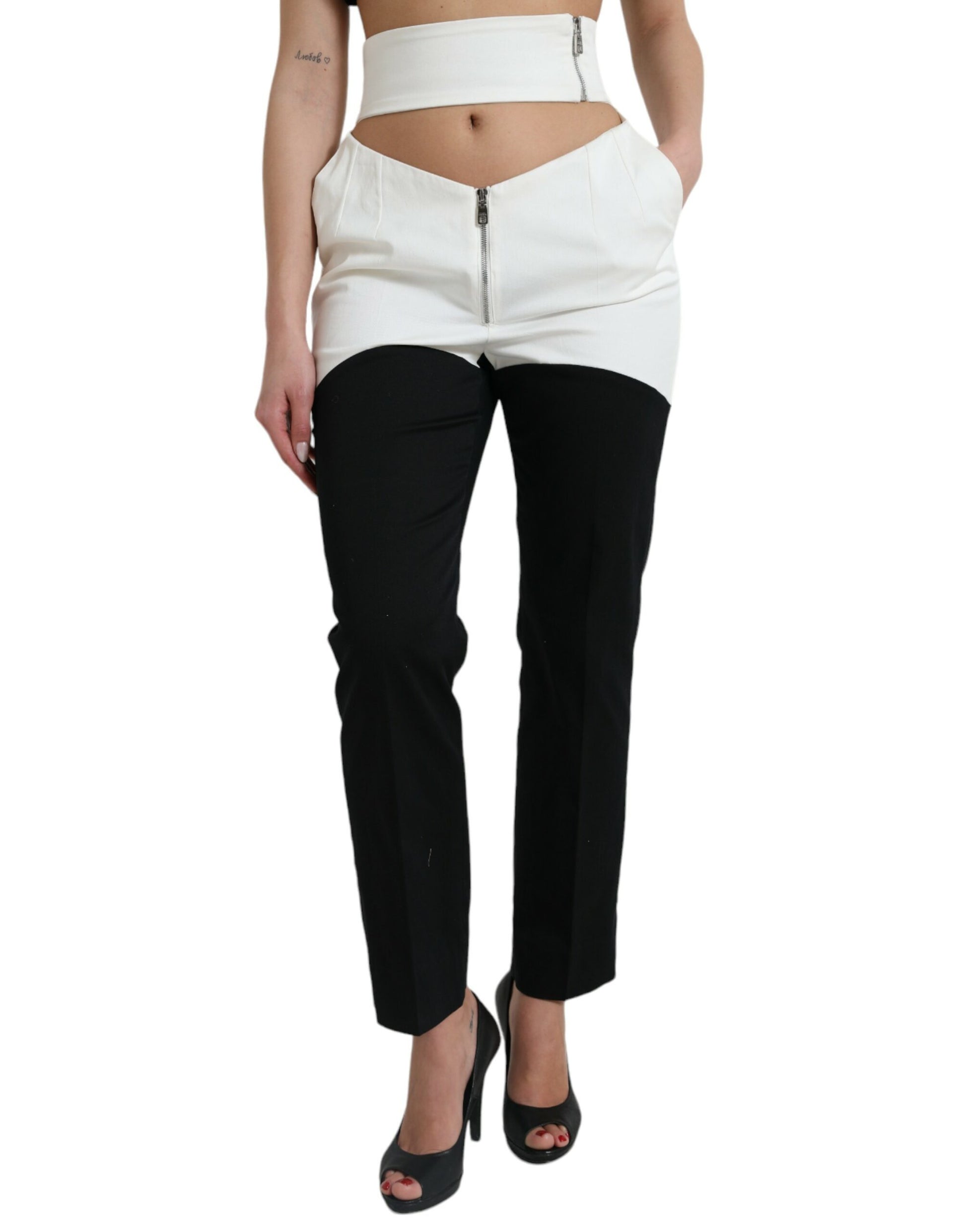 Dolce & Gabbana Black White Cotton Cut Out Waist Tapered Pants by Dolce & Gabbana