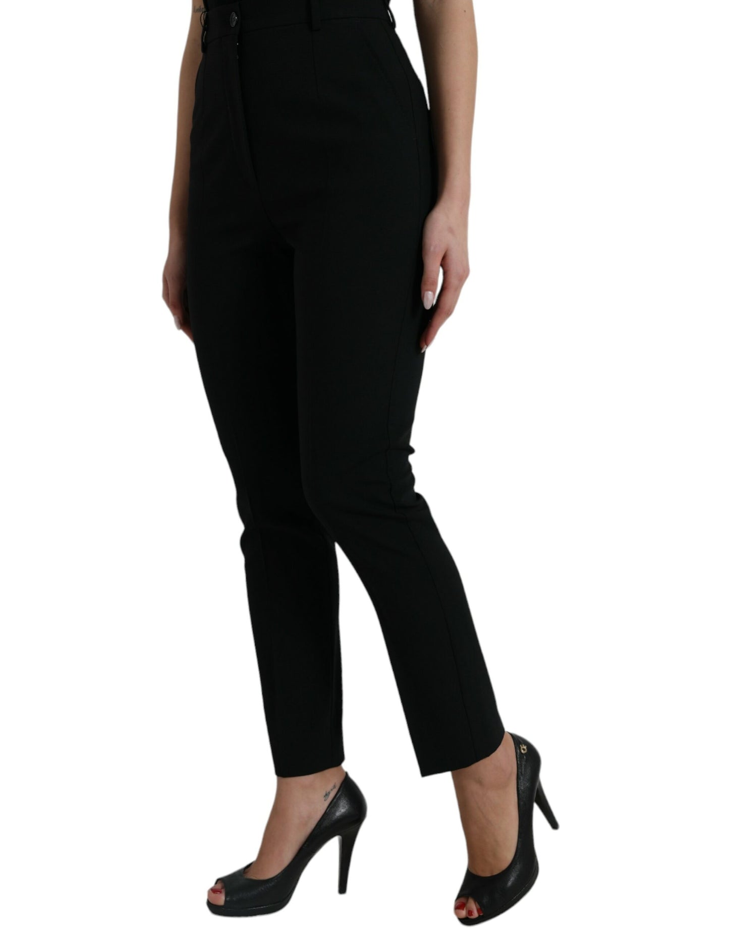 Dolce & Gabbana Black Wool High Waist Tapered Pants by Dolce & Gabbana