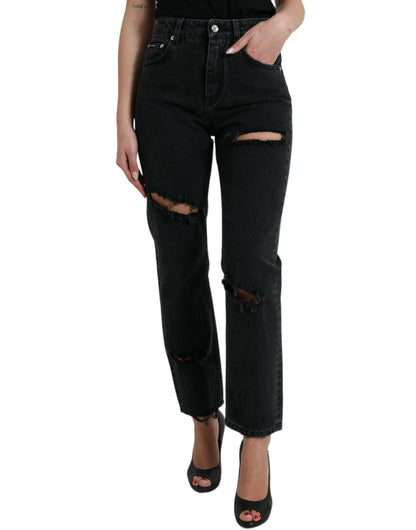Dolce & Gabbana Black Cotton High Waist Tattered Denim Jeans by Dolce & Gabbana