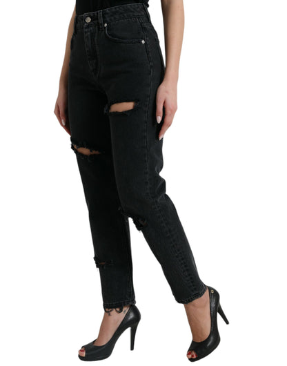 Dolce & Gabbana Black Cotton High Waist Tattered Denim Jeans by Dolce & Gabbana