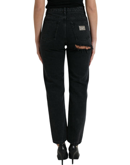 Dolce & Gabbana Black Cotton High Waist Tattered Denim Jeans by Dolce & Gabbana