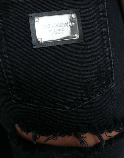 Dolce & Gabbana Black Cotton High Waist Tattered Denim Jeans by Dolce & Gabbana