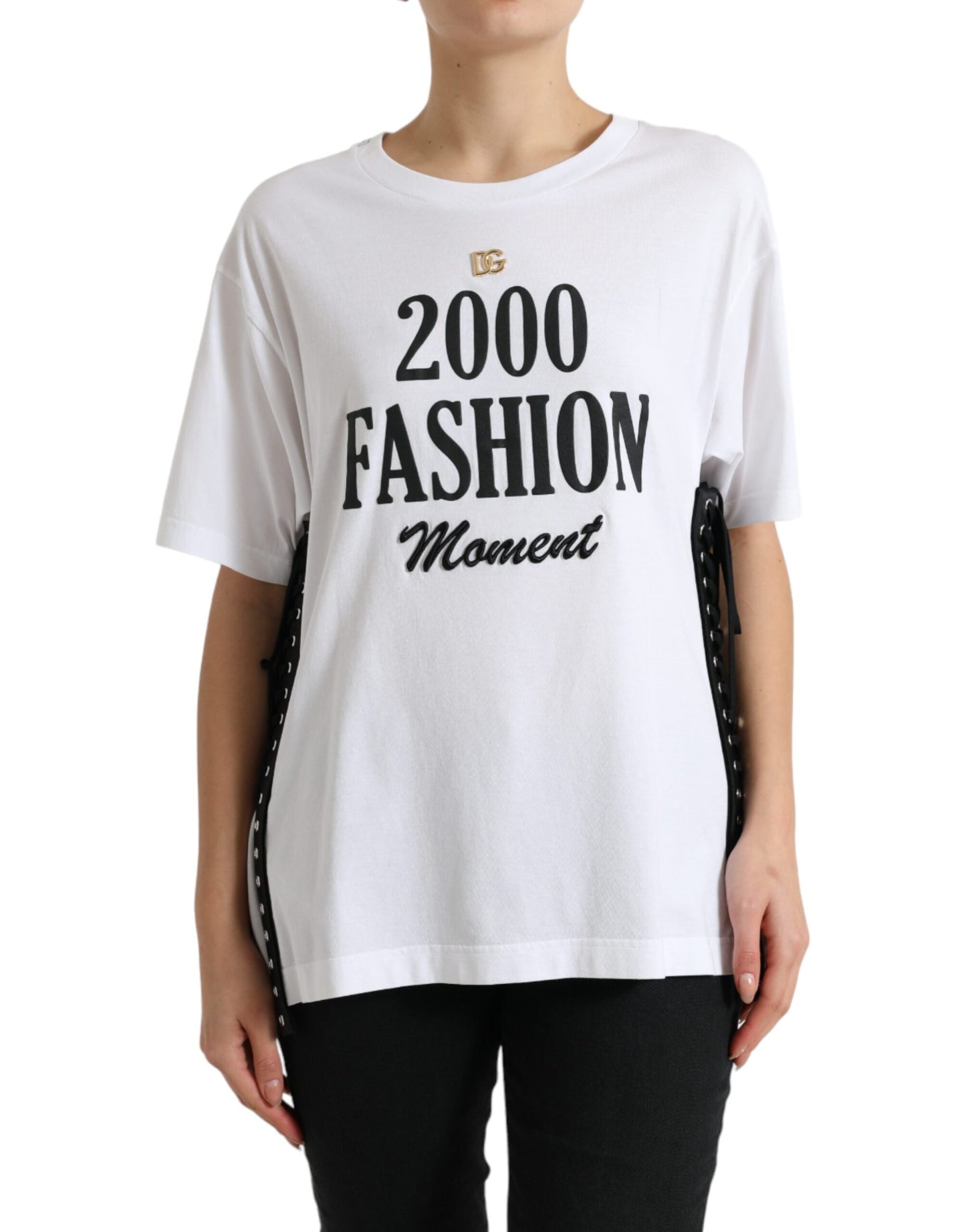 Dolce & Gabbana White Slogan Print Lacing Detailed T-shirt by Dolce & Gabbana