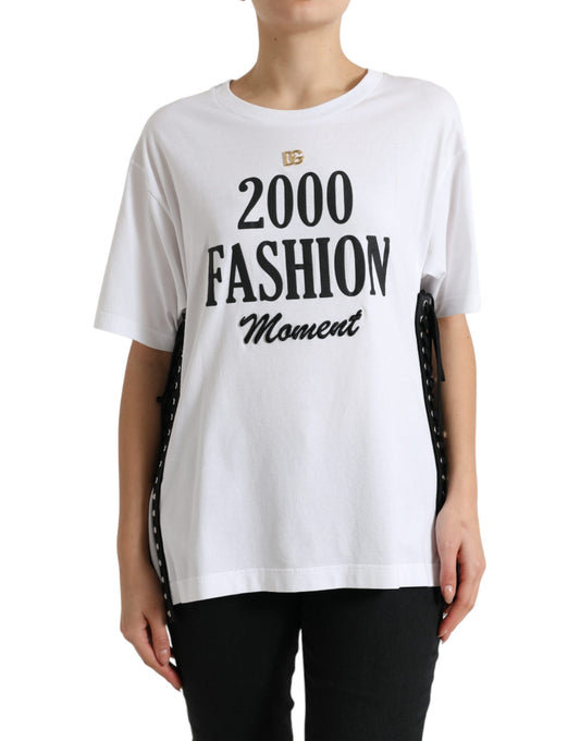 Dolce & Gabbana White Slogan Print Lacing Detailed T-shirt by Dolce & Gabbana
