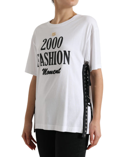 Dolce & Gabbana White Slogan Print Lacing Detailed T-shirt by Dolce & Gabbana