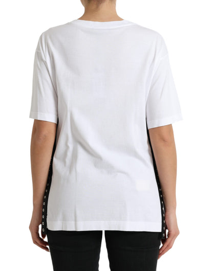 Dolce & Gabbana White Slogan Print Lacing Detailed T-shirt by Dolce & Gabbana