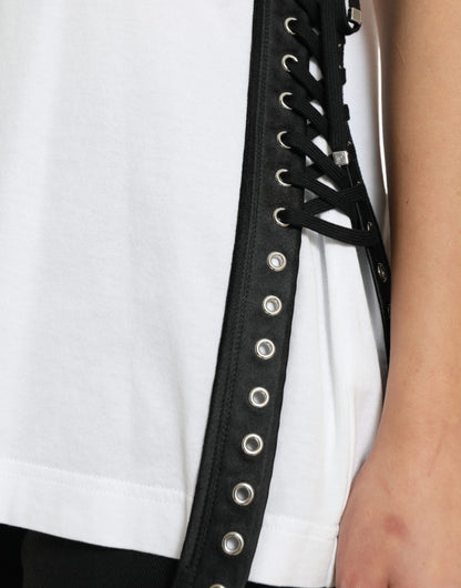 Dolce & Gabbana White Slogan Print Lacing Detailed T-shirt by Dolce & Gabbana