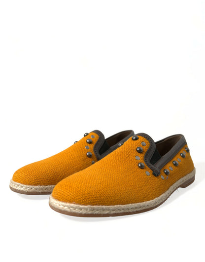 Dolce &amp; Gabbana Orange Linen Leather Studded Loafers Shoes