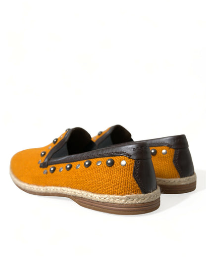 Dolce &amp; Gabbana Orange Linen Leather Studded Loafers Shoes