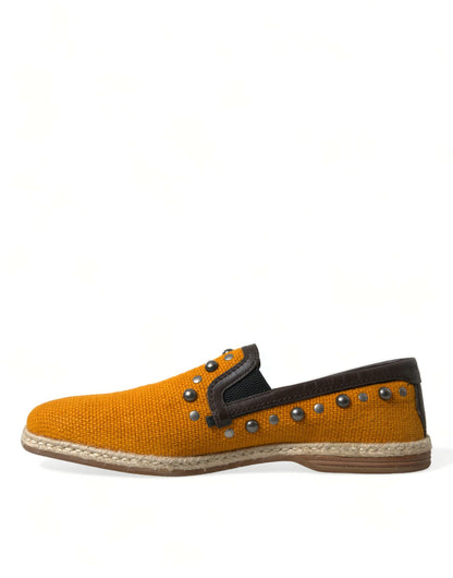 Dolce &amp; Gabbana Orange Linen Leather Studded Loafers Shoes