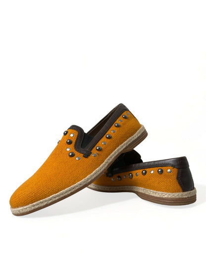 Dolce &amp; Gabbana Orange Linen Leather Studded Loafers Shoes