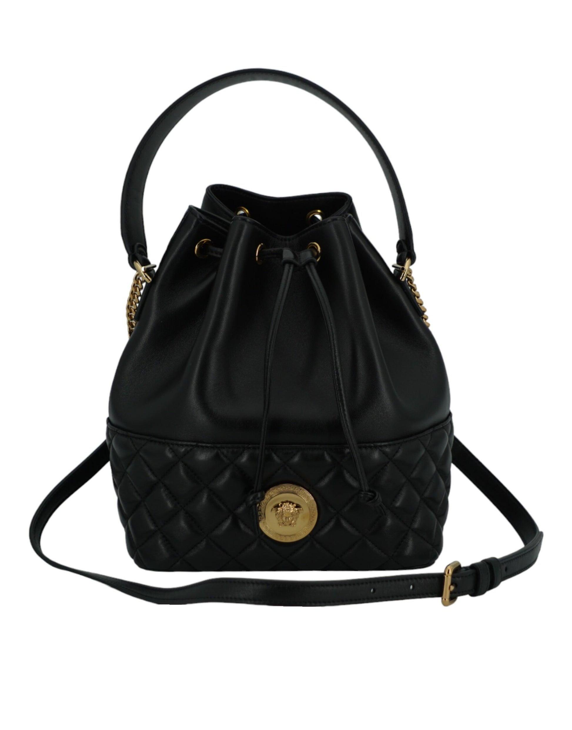 Versace Elegant Black Leather Medusa Bucket Shoulder Bag by Versace