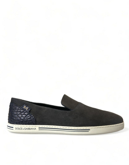 Dolce &amp; Gabbana Blue Suede Caiman Men Loafers Slippers Shoes