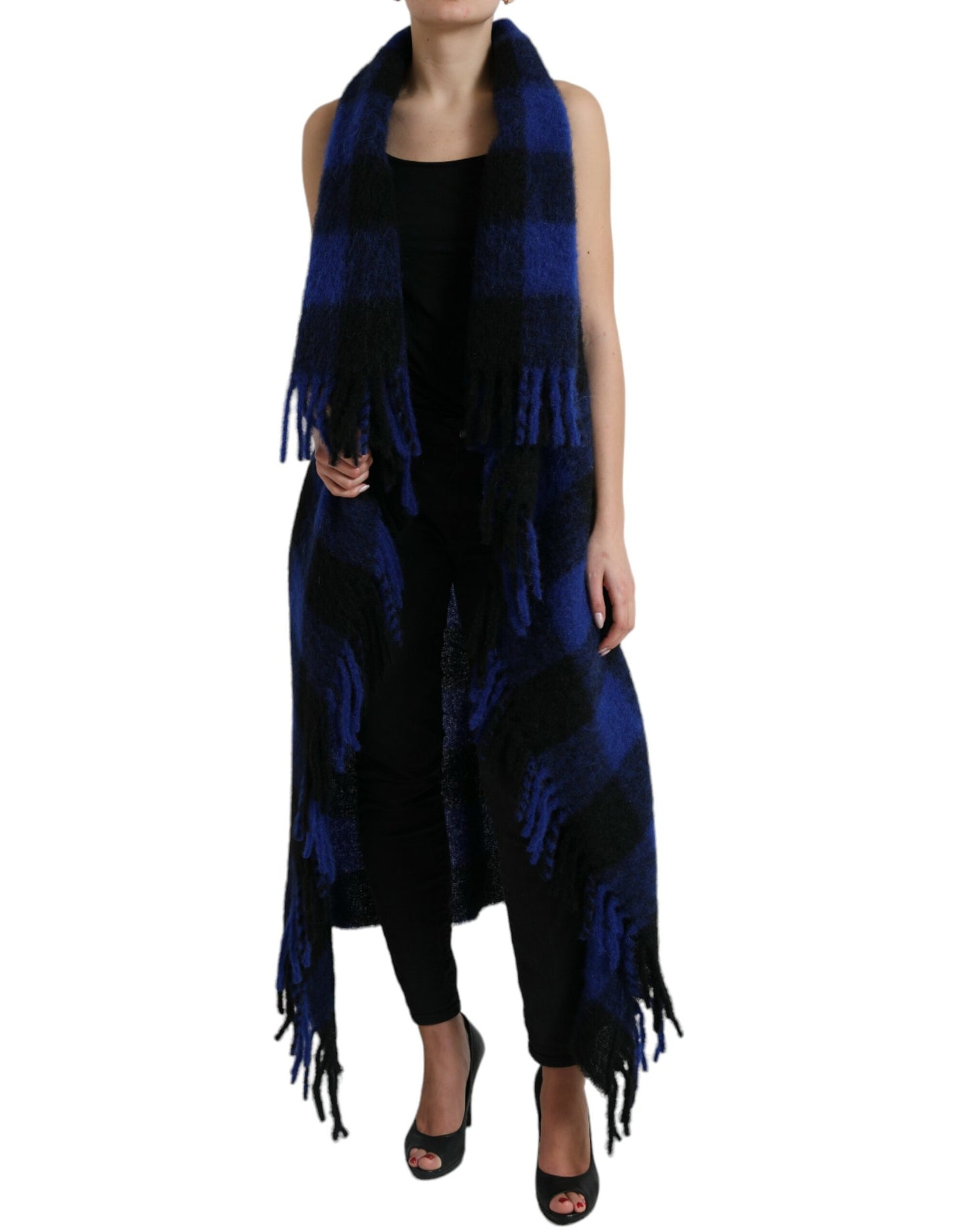 Dolce & Gabbana Black Blue Buffalo Check Poncho Coat Sweater by Dolce & Gabbana
