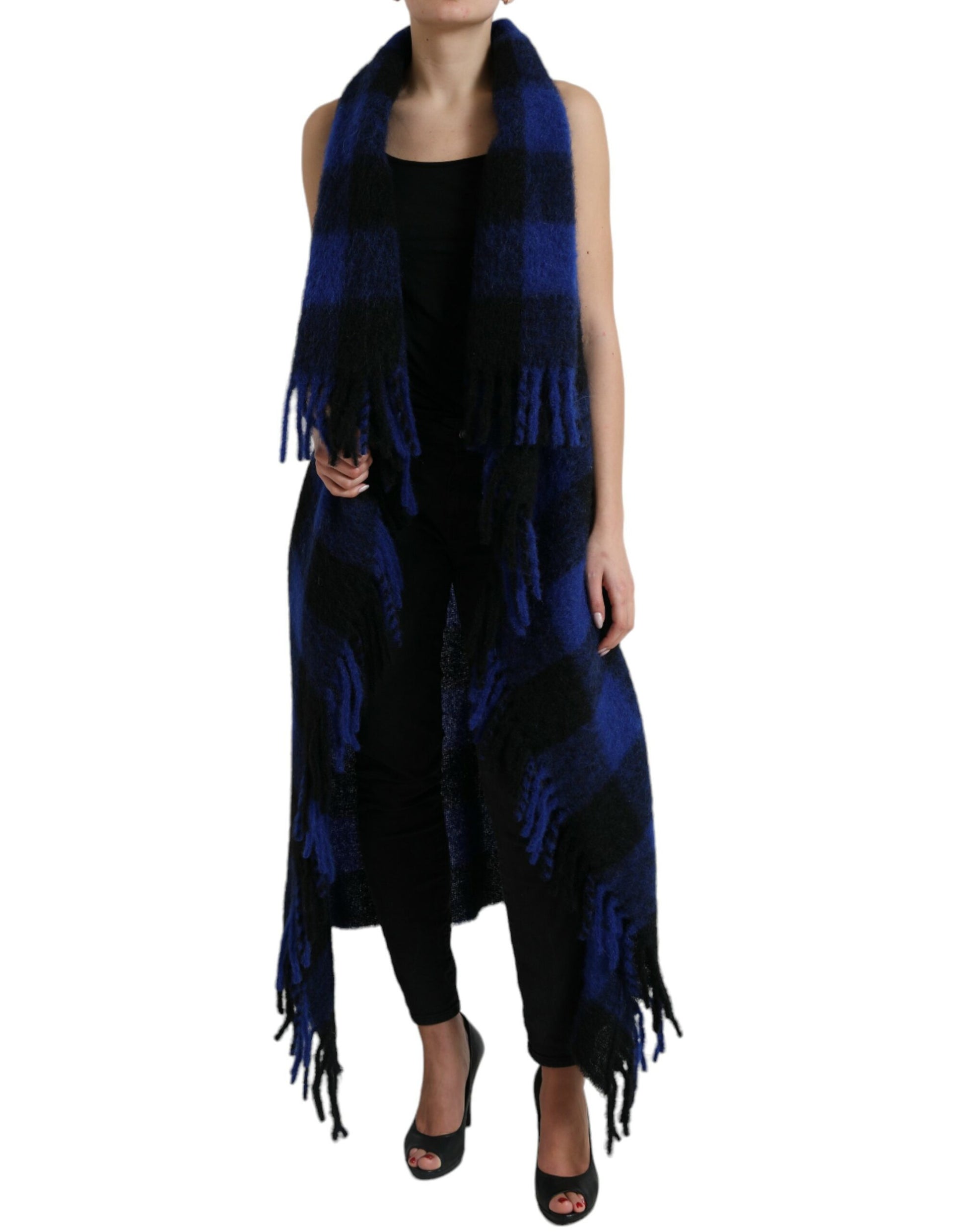 Dolce & Gabbana Black Blue Buffalo Check Poncho Coat Sweater by Dolce & Gabbana