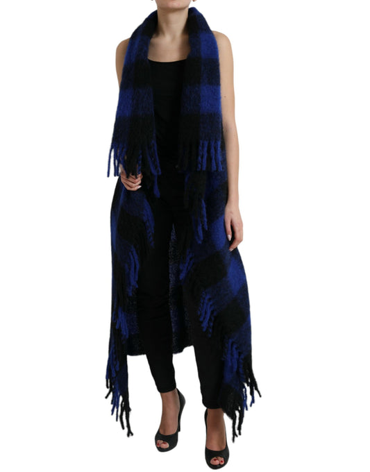 Dolce & Gabbana Black Blue Buffalo Check Poncho Coat Sweater by Dolce & Gabbana