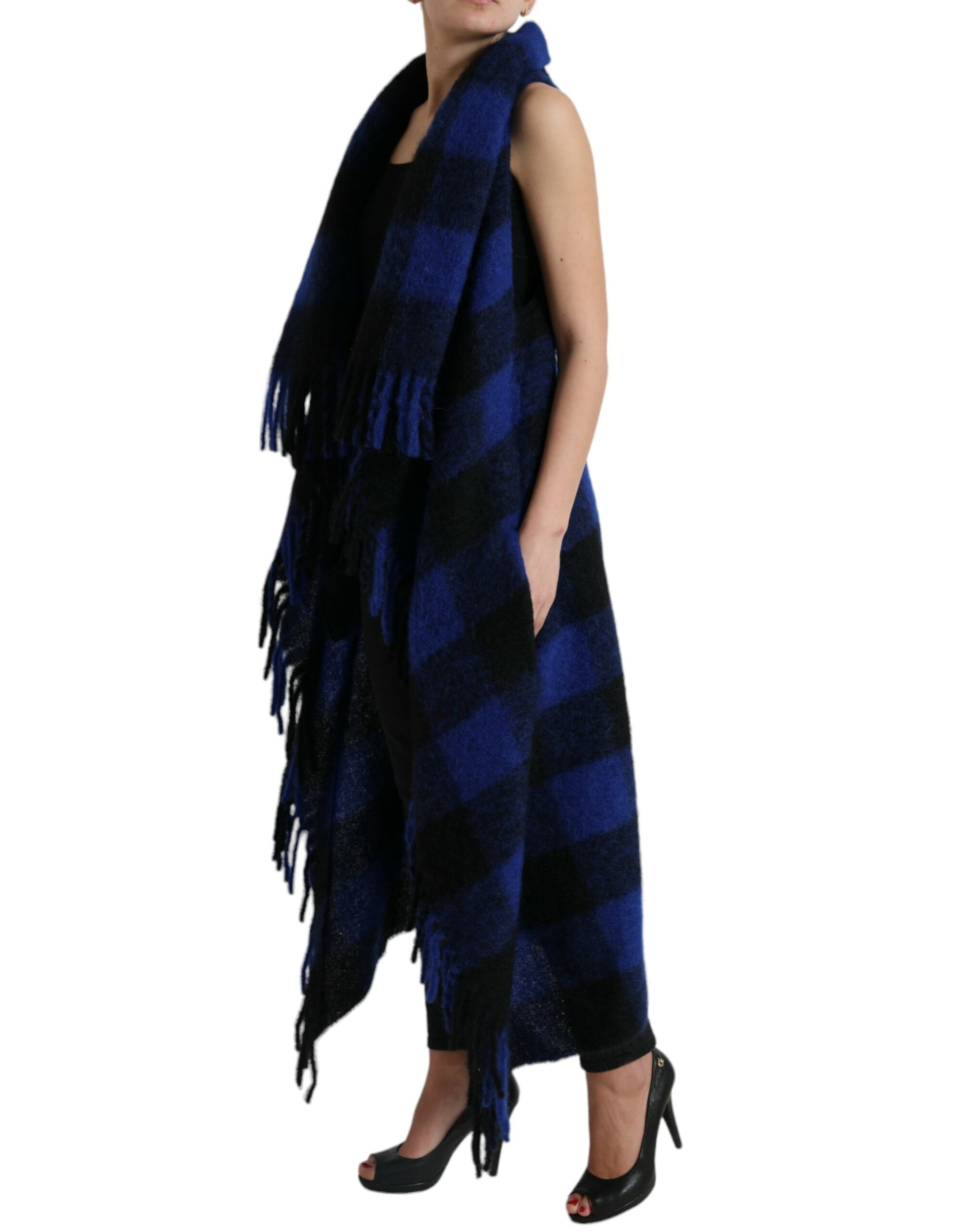Dolce & Gabbana Black Blue Buffalo Check Poncho Coat Sweater by Dolce & Gabbana